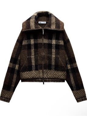 Zara Brown Plaid Knit Bomber 2-Way FULL Zip-Up Jacket